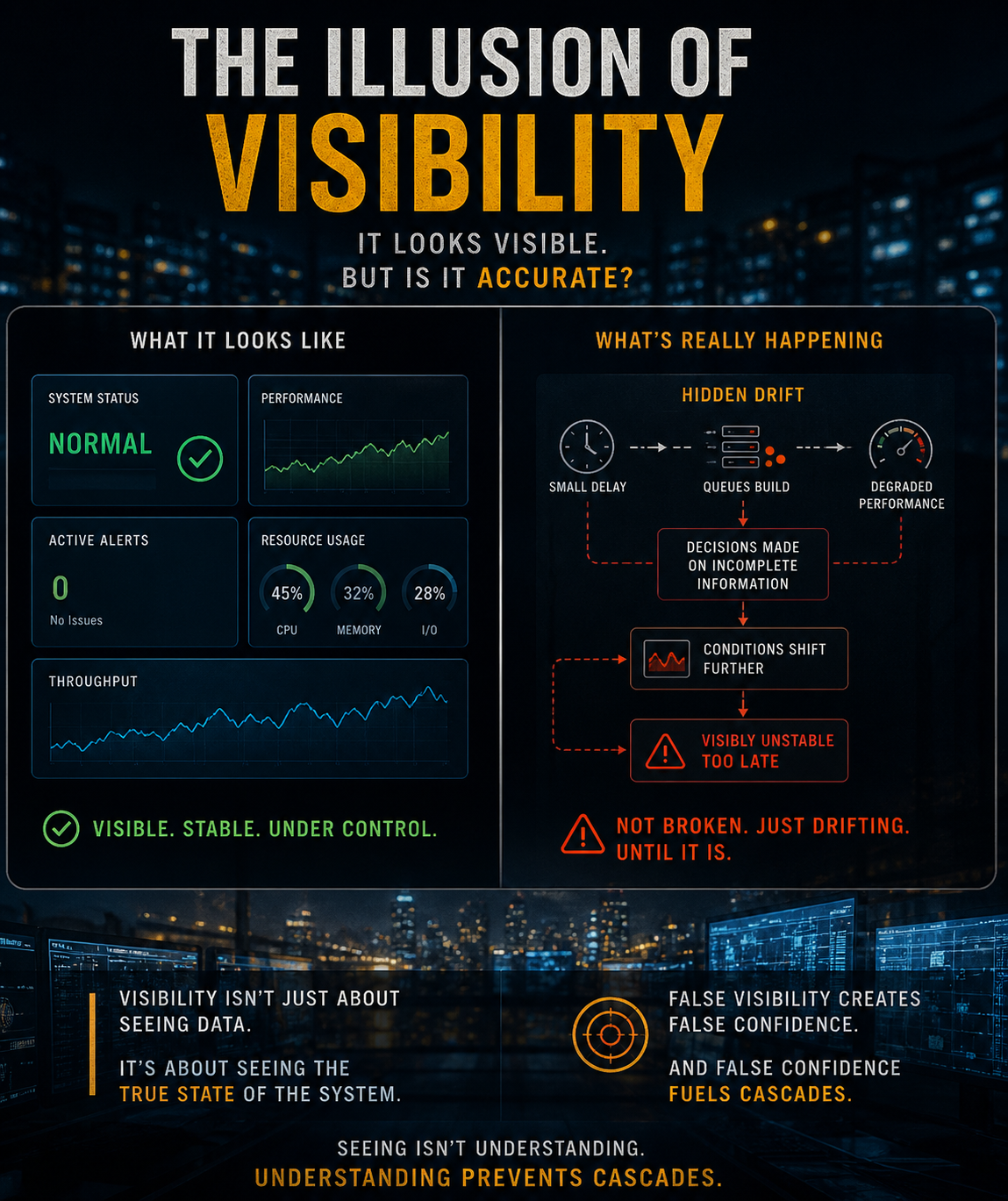 Illusion of visibility in time-critical systems showing misleading system state and hidden drift